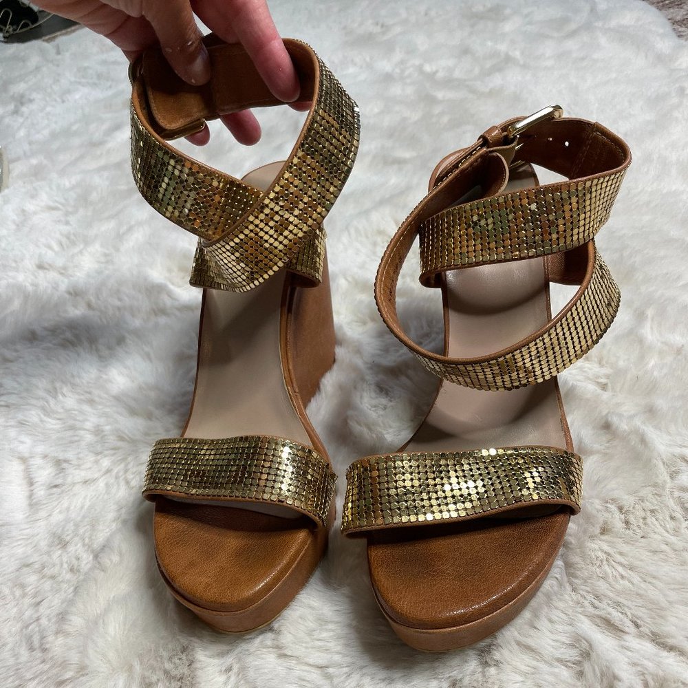 Stuart Weitzman Gold Roman Metalmania Toe Crisscross Strap Wedges - 10